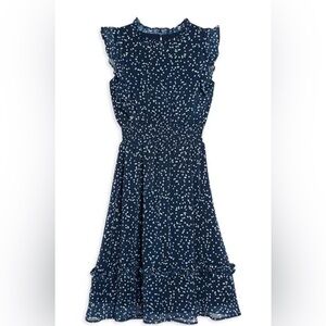 Aqua | Girl’s Flutter Dot Print Midi Dress | Blue/White | M